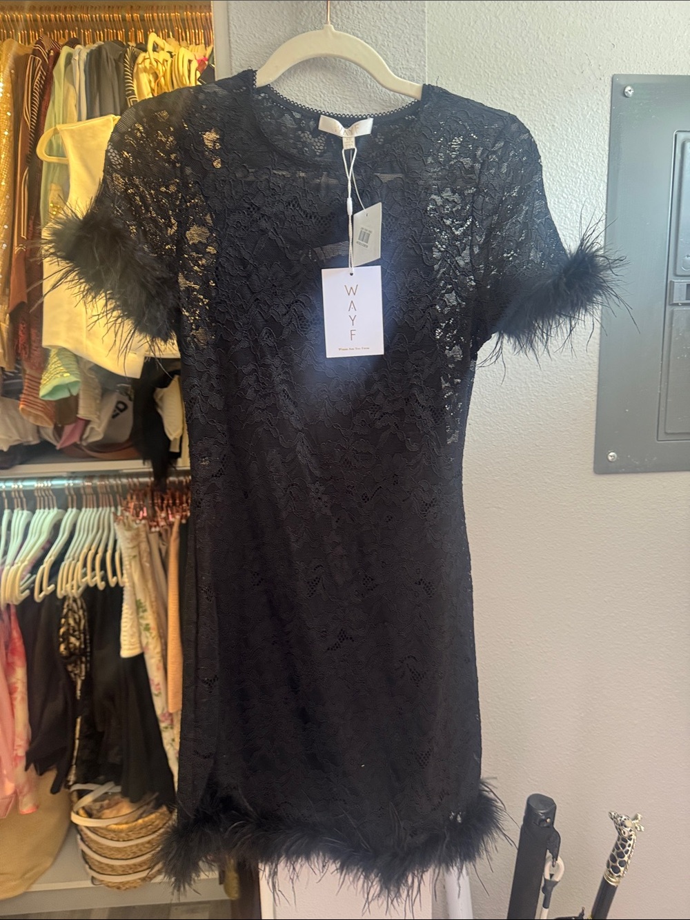 Wayf Black Lace Mini Dress with Feather Trim